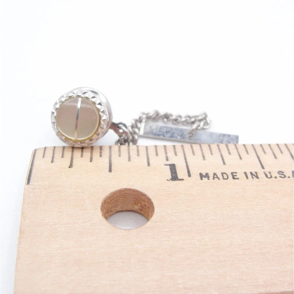 Vintage Silver Tone Faux Cat Eye Moonglow Lucite Tie Tack Pin With Bar Chain